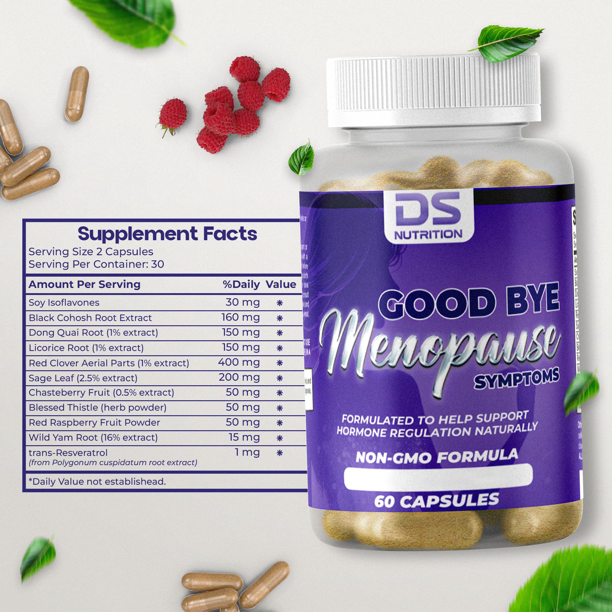 DS Nutrition menopause capsules closeup highlights two-a-day dosing for steady relief.