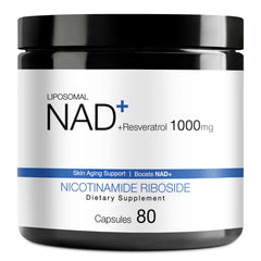 DUCRKACS NAD bottle shows NR and Resveratrol formula for daily energy and focus.