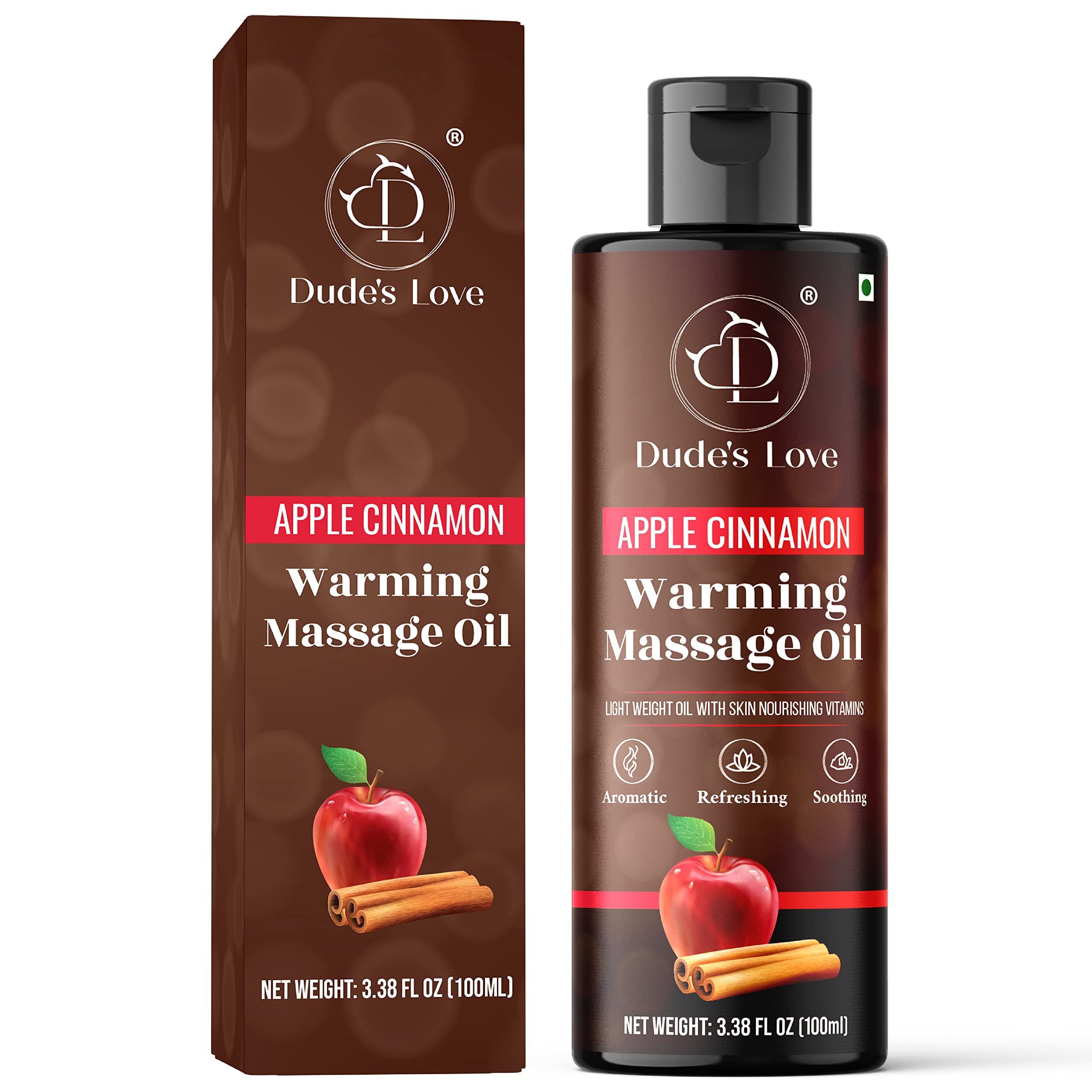 Dude's Love Apple Cinnamon bottle pour for warming massage