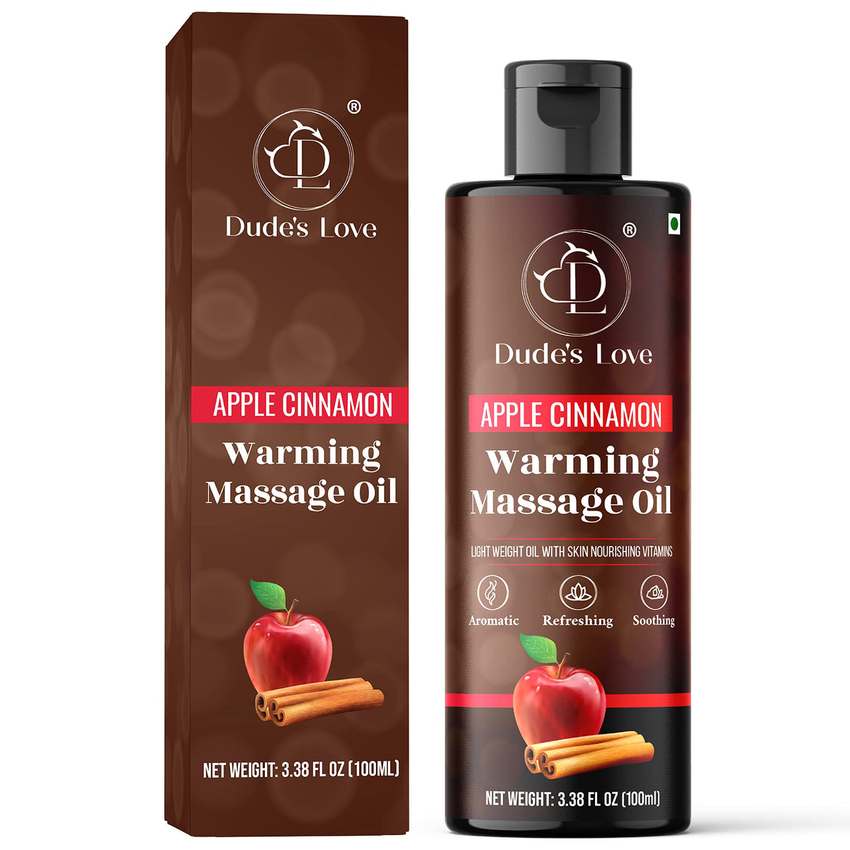Dude's Love Apple Cinnamon bottle pour for warming massage