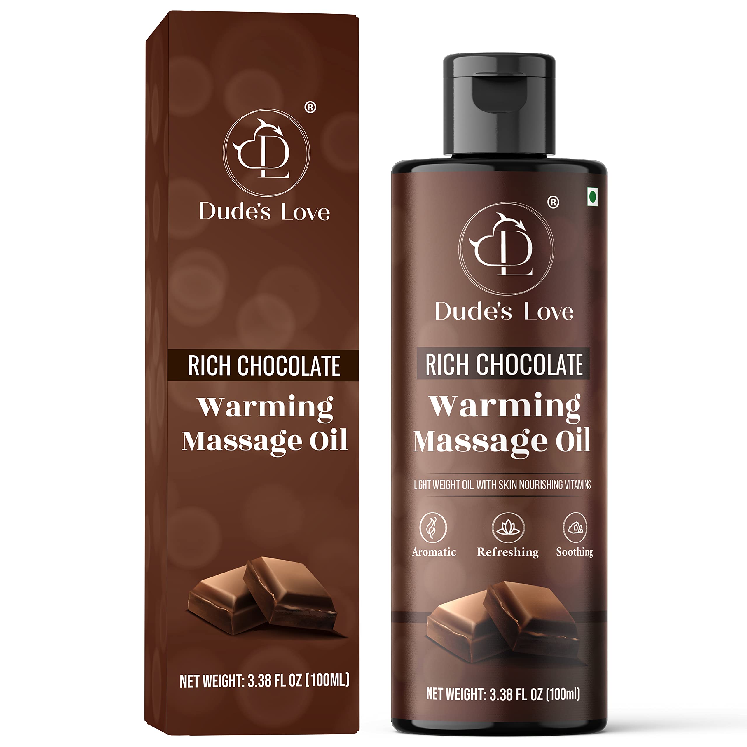 Dude's Love Chocolate warming oil bottle highlights nourishing base and aroma.