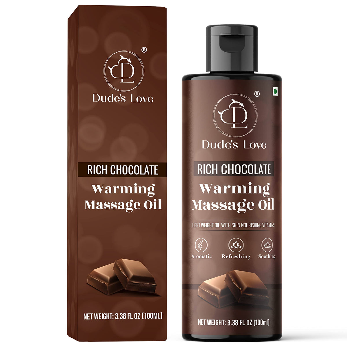 Dude's Love Chocolate warming oil bottle highlights nourishing base and aroma.