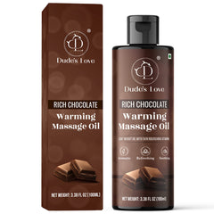 Dude's Love Chocolate warming oil bottle highlights nourishing base and aroma.