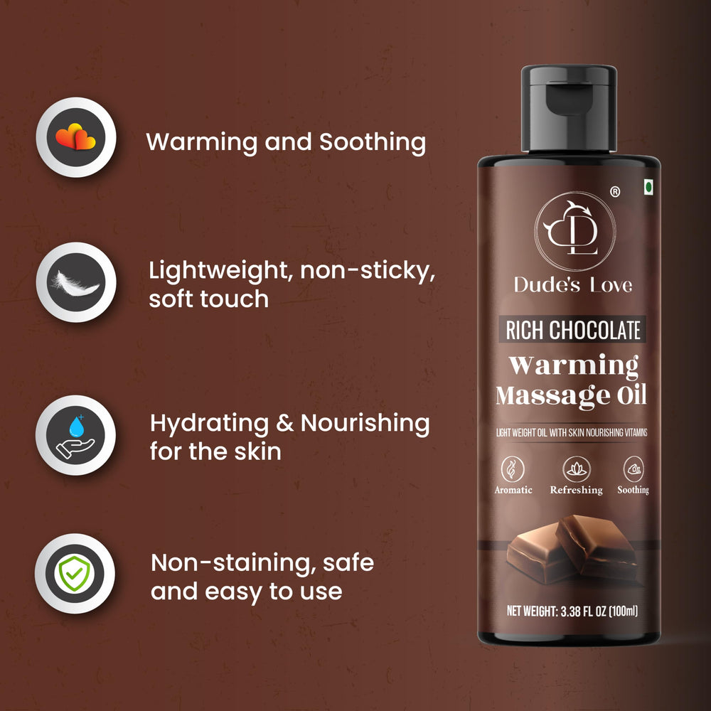 Dude's Love warming oil massage glide demonstrates smooth, non-sticky feel on skin.