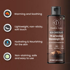 Dude's Love warming oil massage glide demonstrates smooth, non-sticky feel on skin.