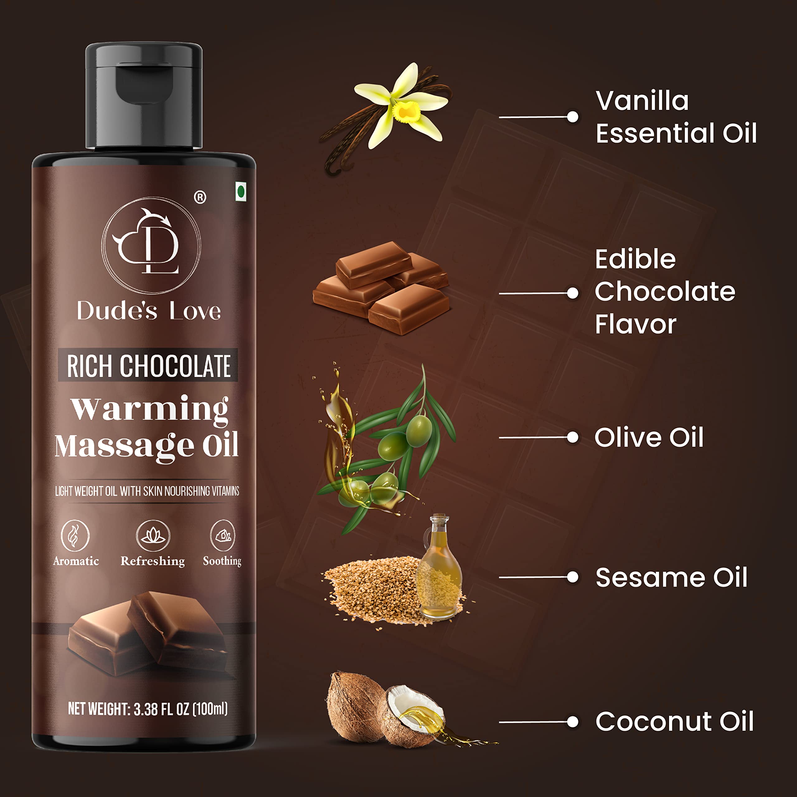 Dude's Love chocolate oil on skin emphasizes light absorption and soft touch.