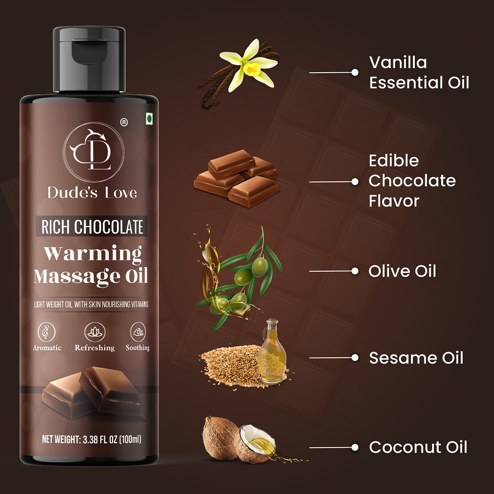 Dude's Love chocolate oil on skin emphasizes light absorption and soft touch.