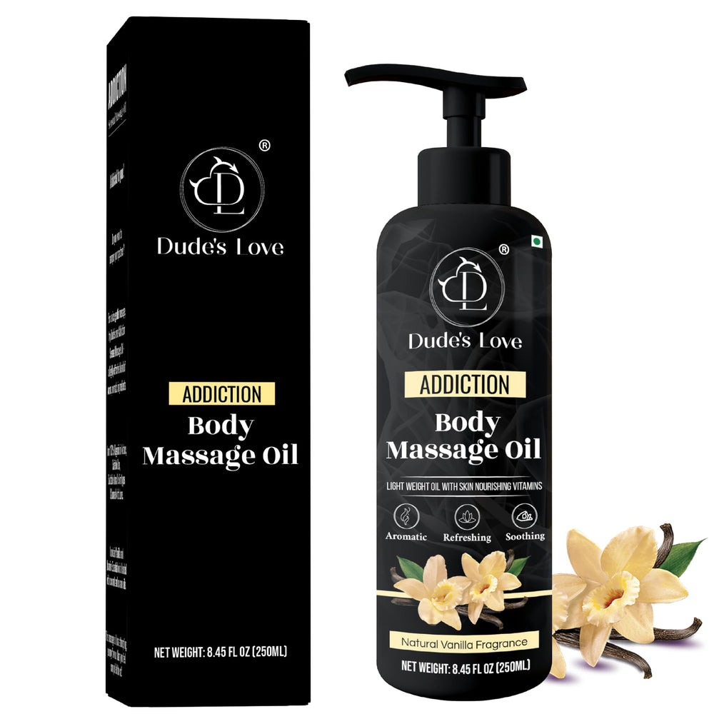 Dude's Love vanilla jasmine oil bottle pour for a relaxing massage