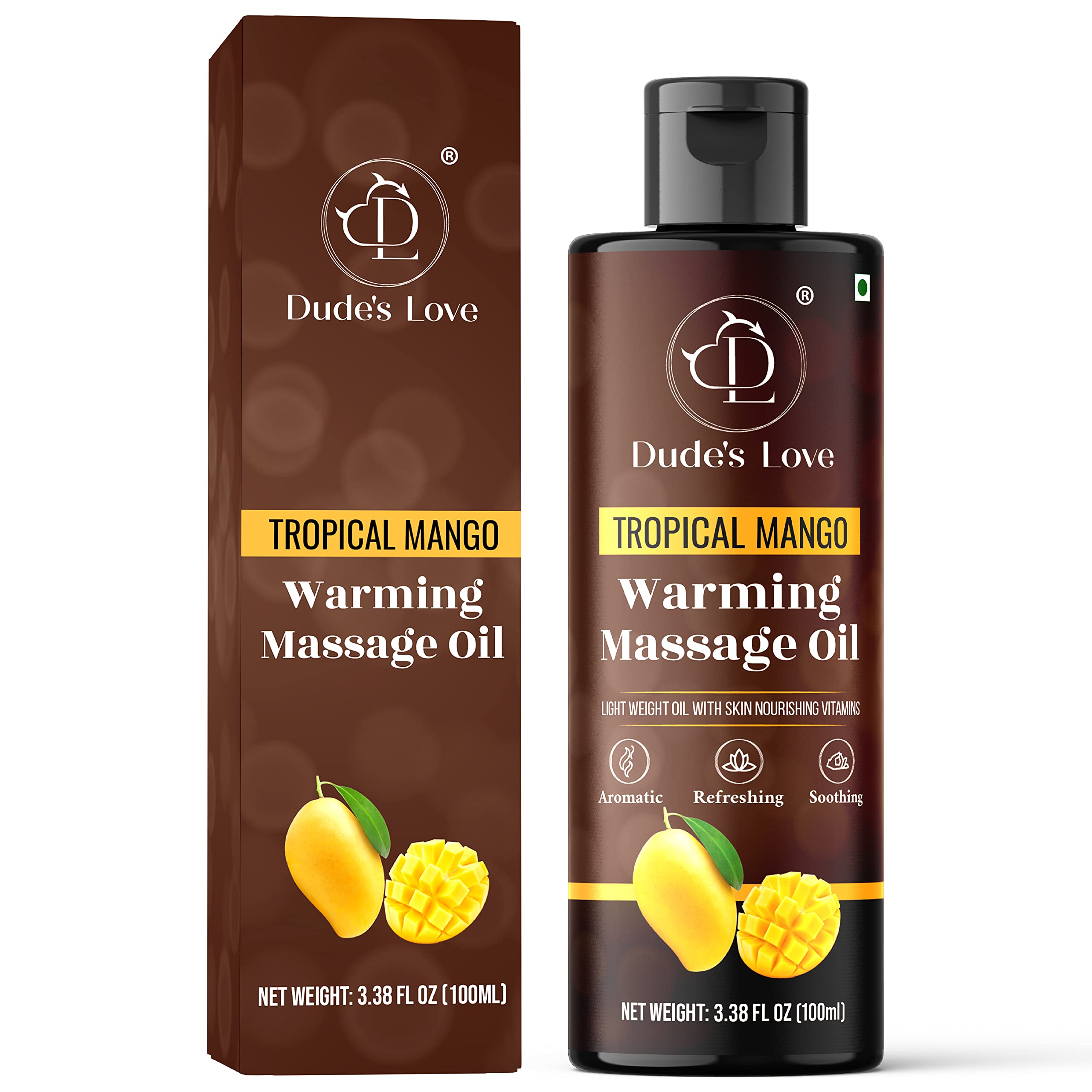 Dude's Love Tropical Mango oil bottle provides deep hydration for the skin.