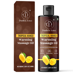 Dude's Love Tropical Mango oil bottle provides deep hydration for the skin.