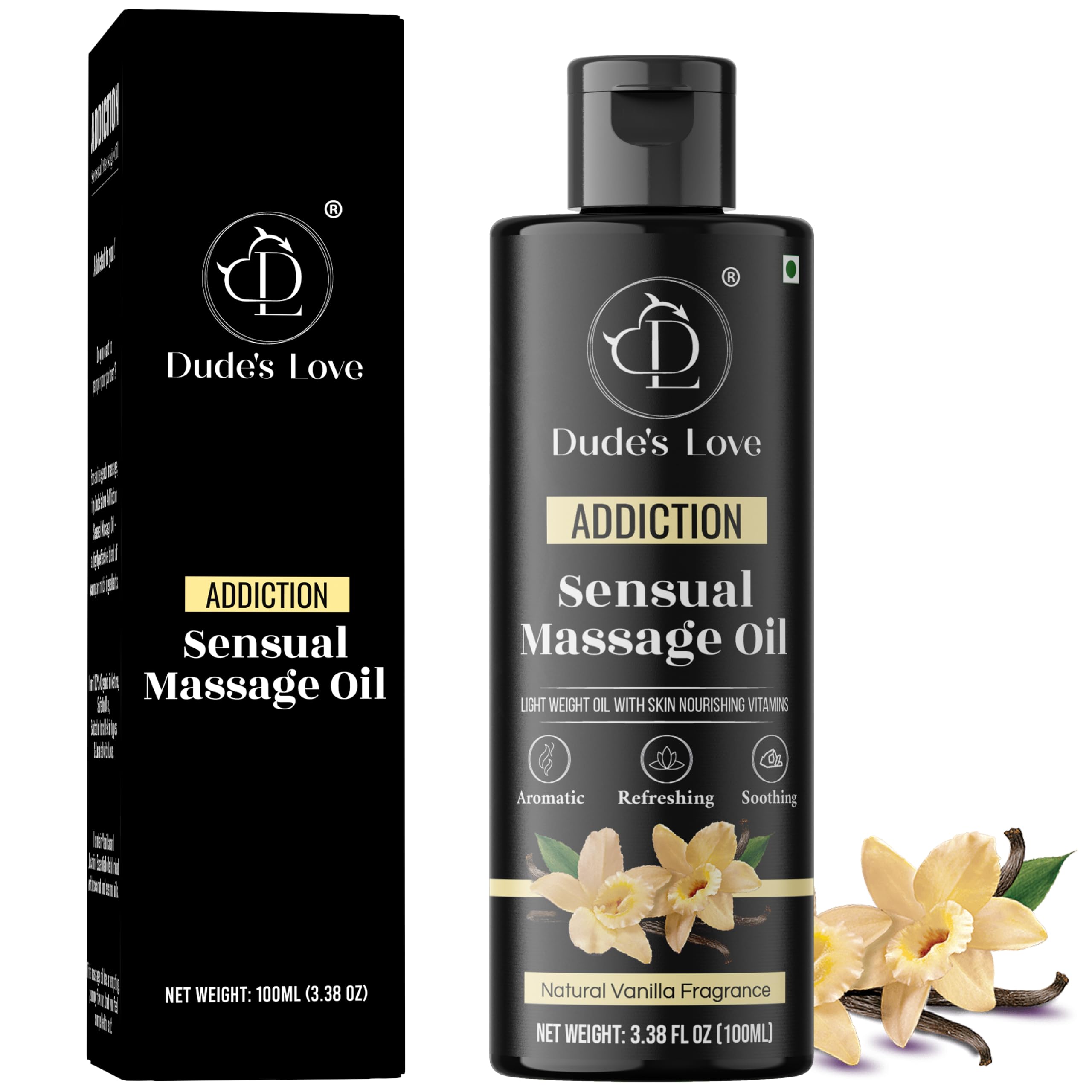 Dude's Love vanilla massage oil bottle closeup shows premium organic blend for smooth glide.