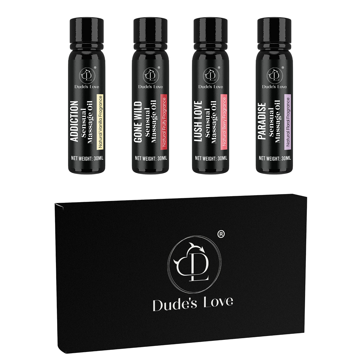 Dude's Love Vanilla massage oil bottle with silky glide and inviting scent.