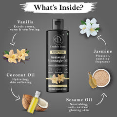 Dude's Love vanilla massage oil with jasmine aroma evokes calm and romantic mood.