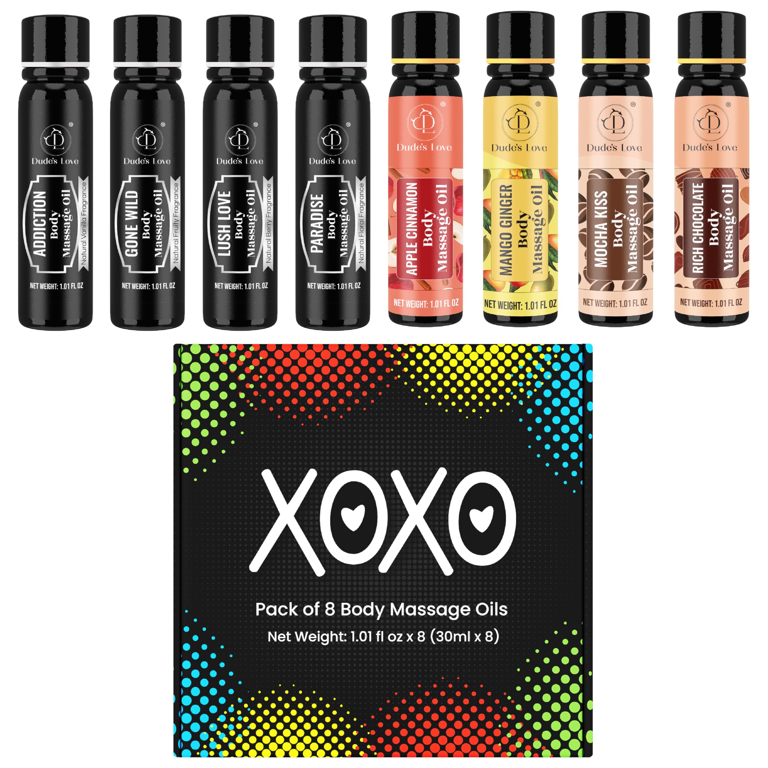 Dude's Love XOXO apple cinnamon oil bottle for calming massage and skin care.
