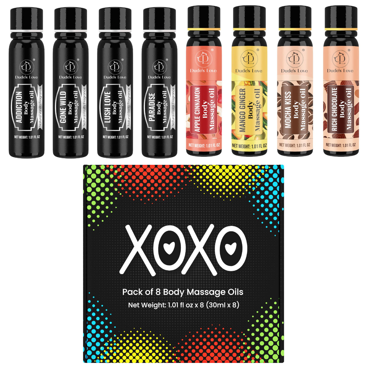 Dude's Love XOXO apple cinnamon oil bottle for calming massage and skin care.