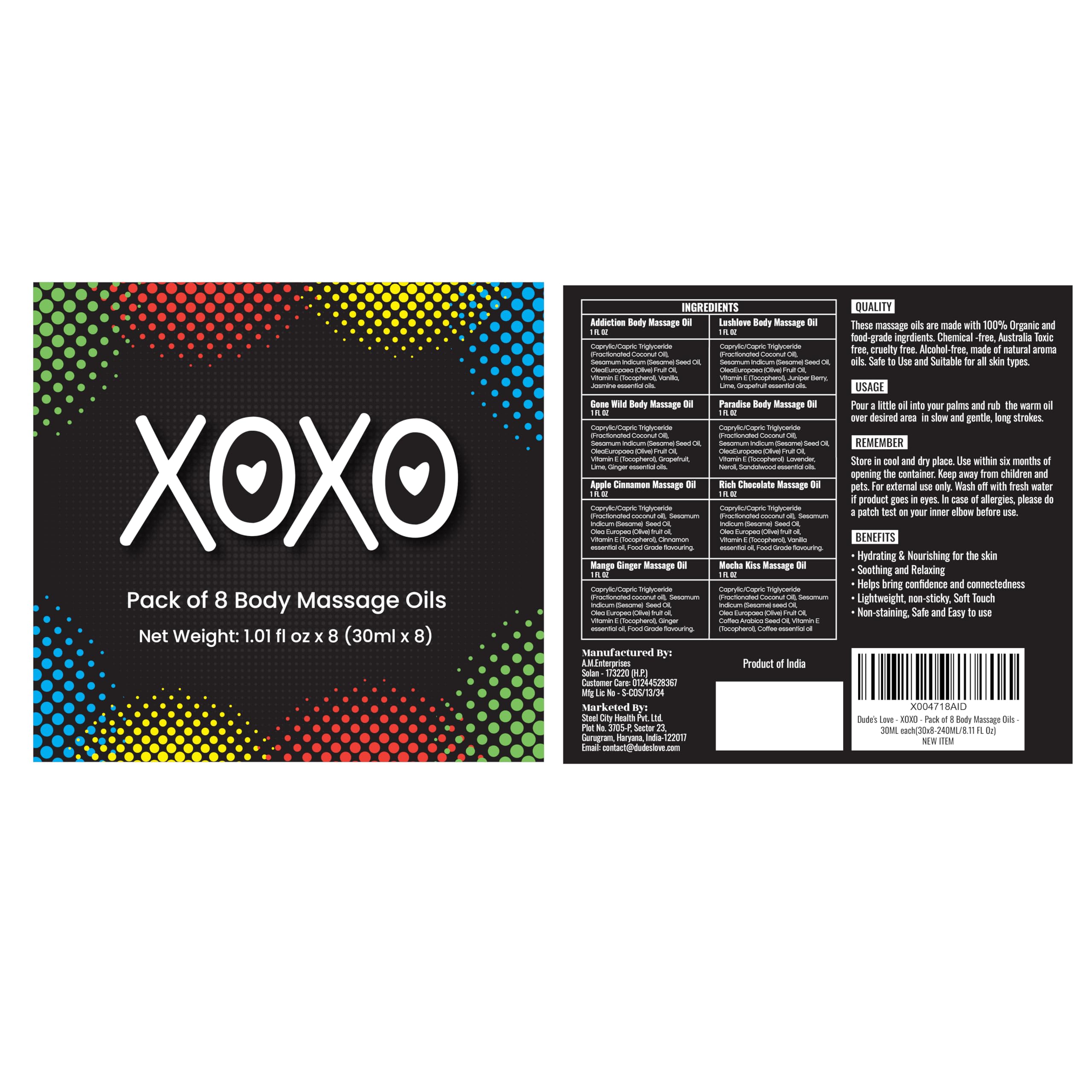 Dude's Love XOXO fruity berry oil bottle for vibrant scent and smooth skin.