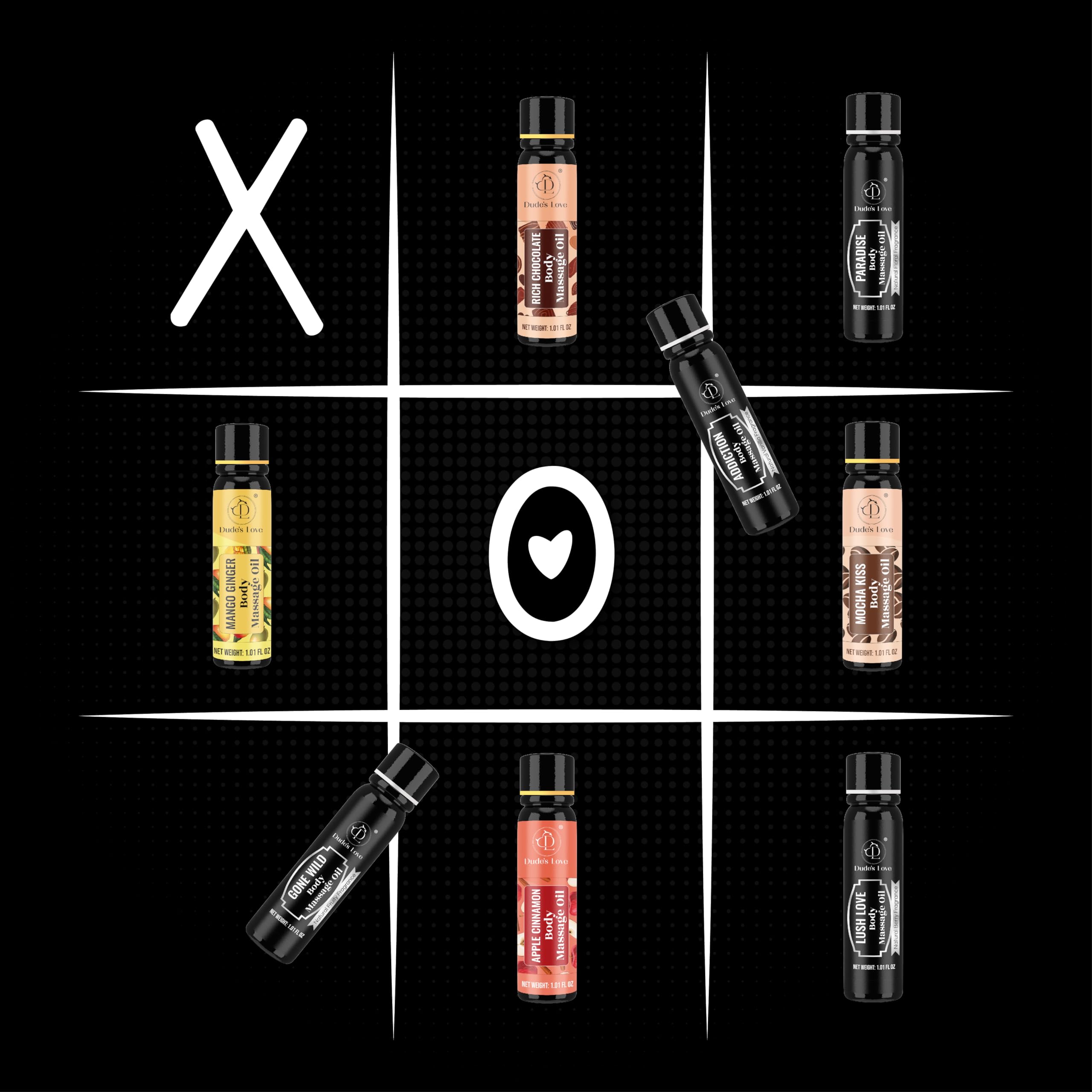 Dude's Love XOXO mango ginger oil bottle for refreshing massage and mood lift.