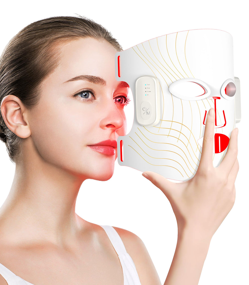 Duiup red-light face mask worn for at-home skincare.