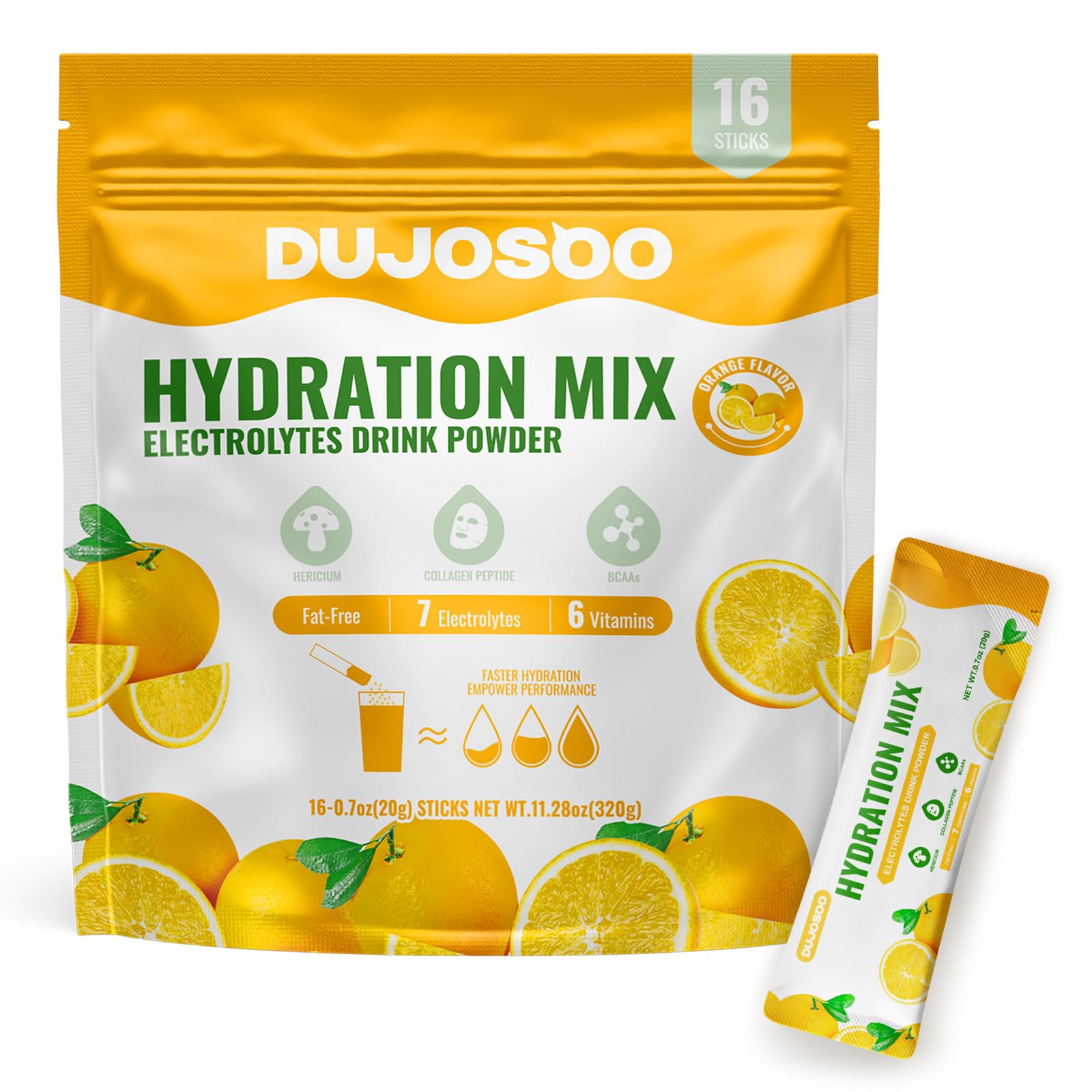 Dujosoo orange electrolyte stick dissolving in water for refreshing, sugar-free hydration.