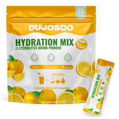 Dujosoo orange electrolyte stick dissolving in water for refreshing, sugar-free hydration.