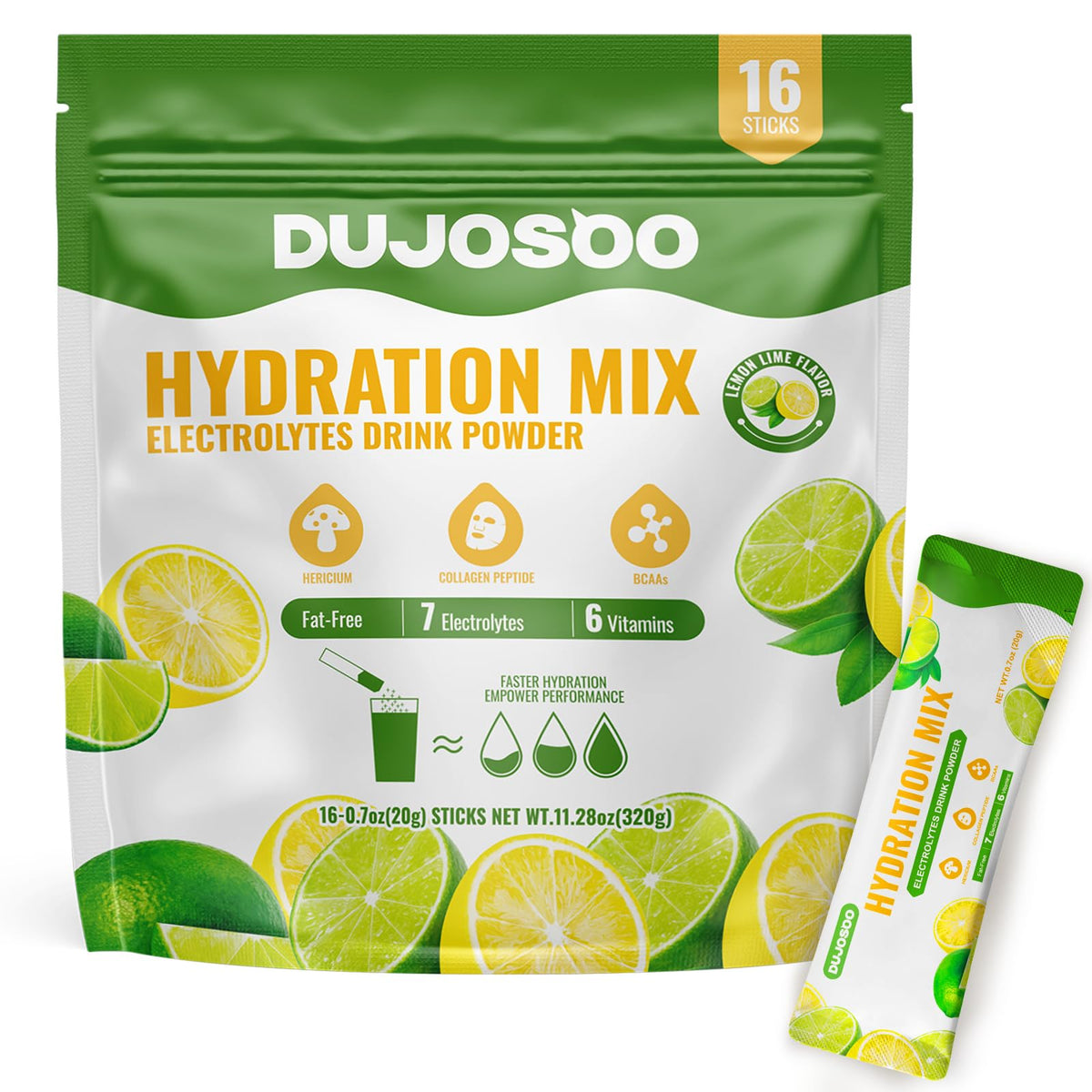 Dujosoo electrolyte lemon stick pack ready to mix for quick on-the-go hydration.