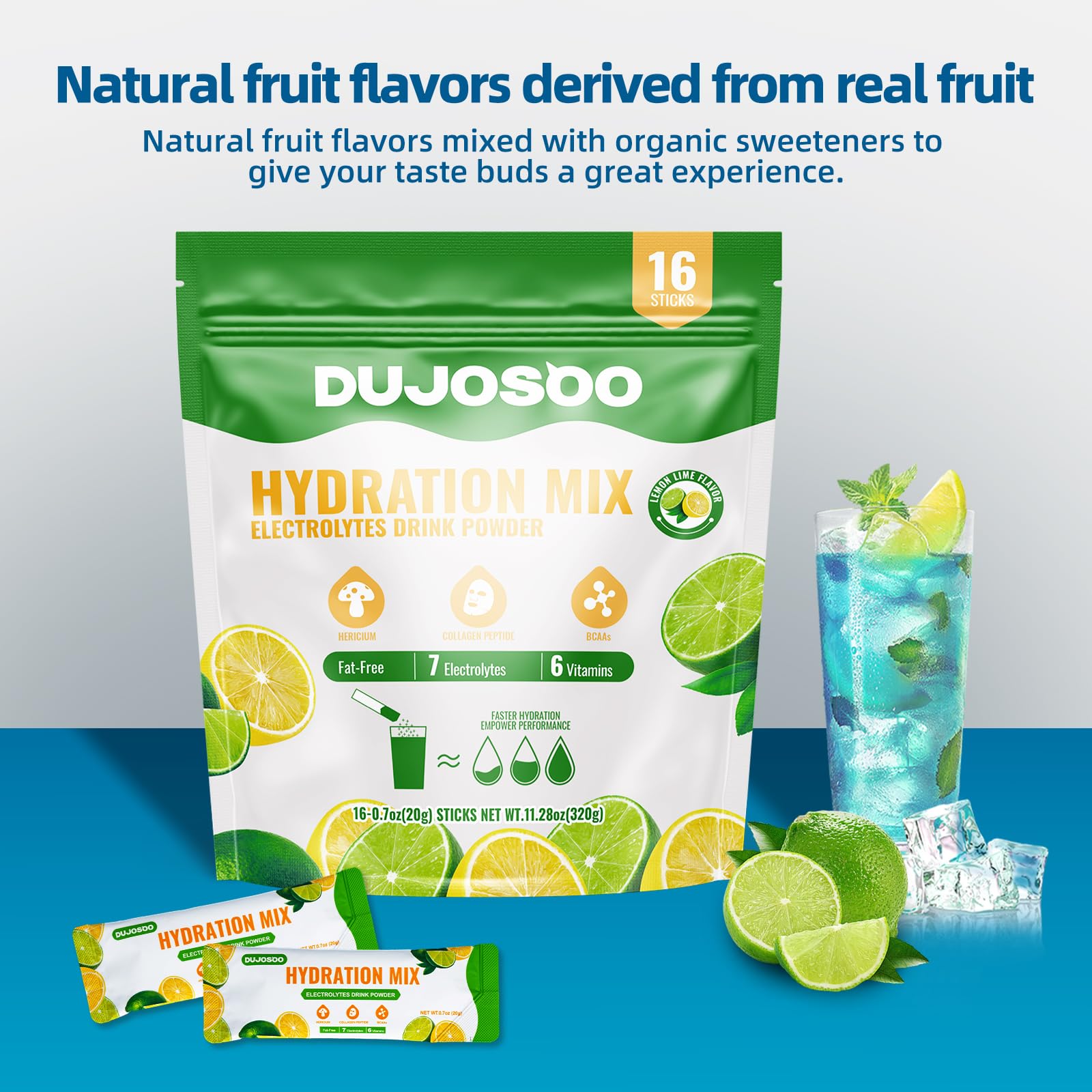 Dujosoo lemon flavor hydration mix enhances water taste with energy and focus.
