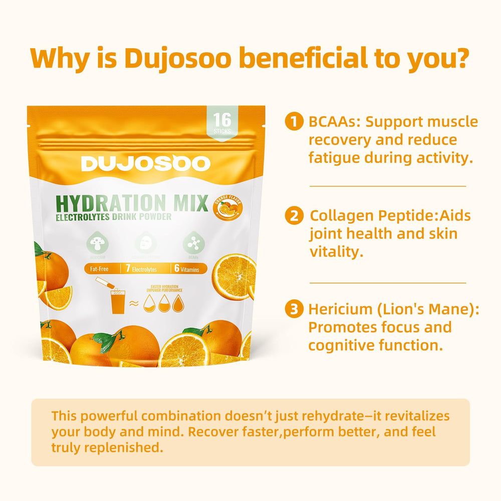 Dujosoo vegan, non-GMO formula with stevia-sweetened orange flavor.