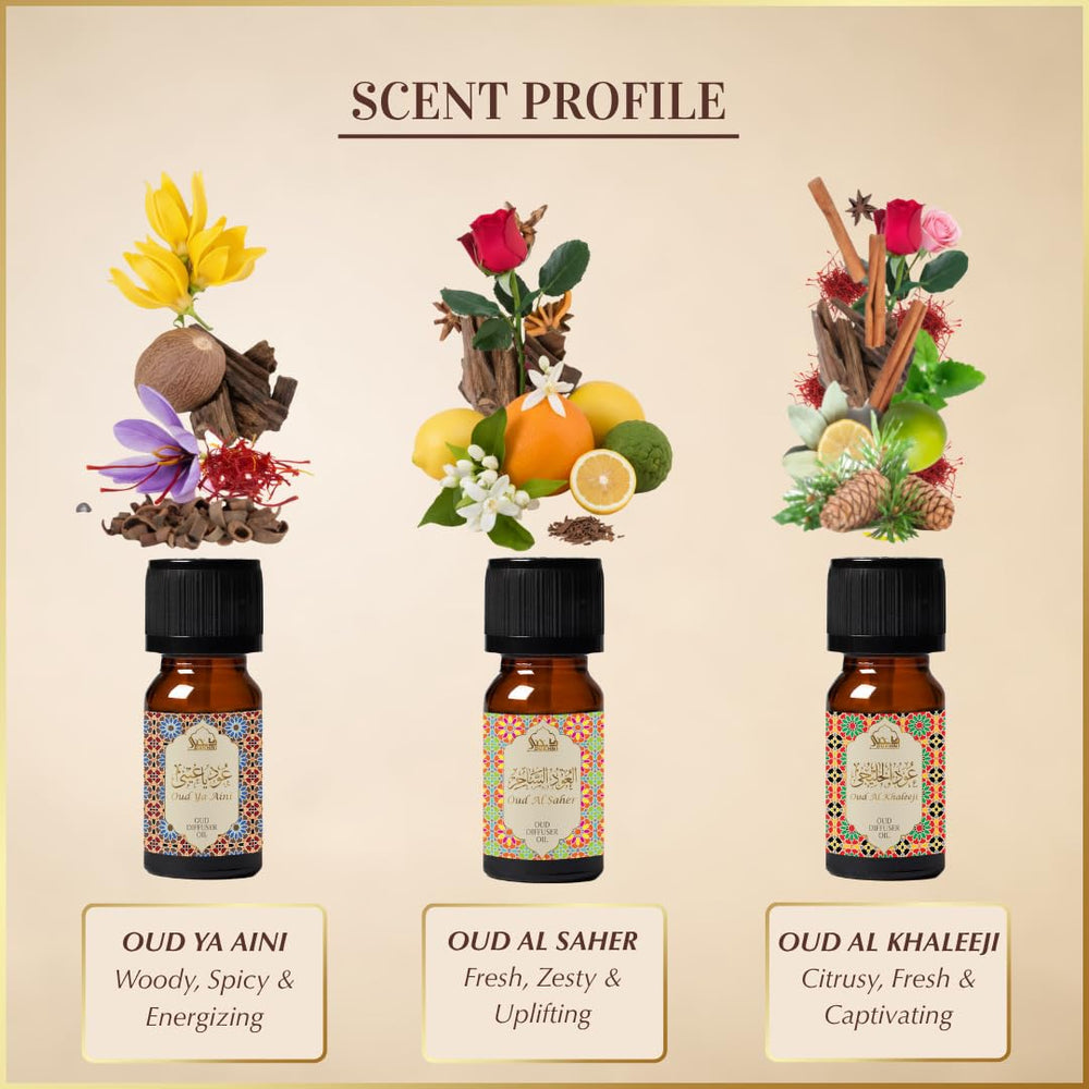 Dukhni Oud Al Khaleeji 10ml bottle enhances spaces with citrus and rose