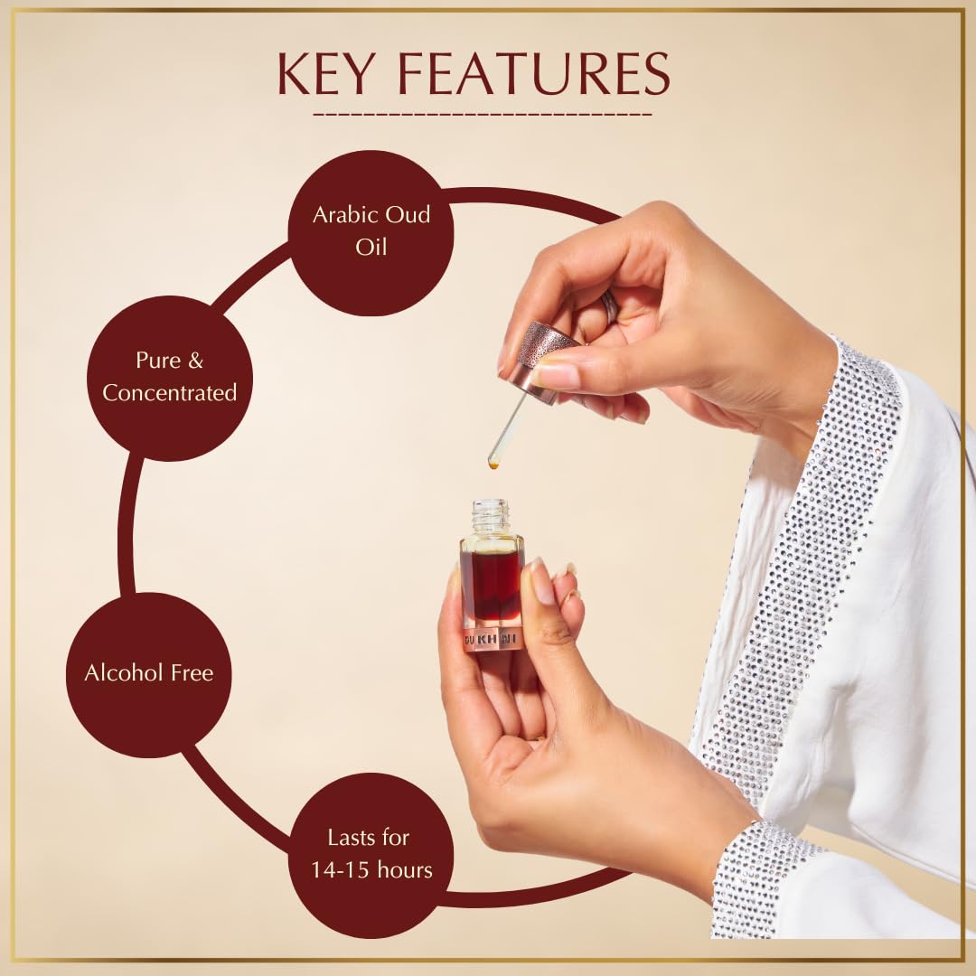 Dukhni Dehn Al Oud Attar with oud-smoke visual for depth