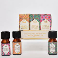Dukhni Floral Oud Diffuser Set with three 10ml bottles for relaxing home aromatherapy.