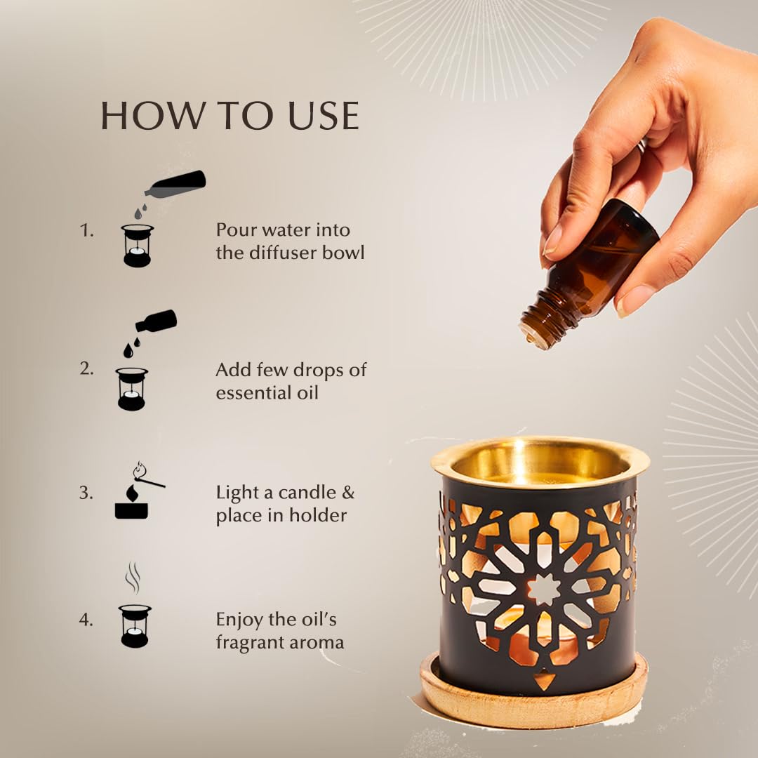 Dukhni oil burner on a wooden coaster for stable scent diffusion