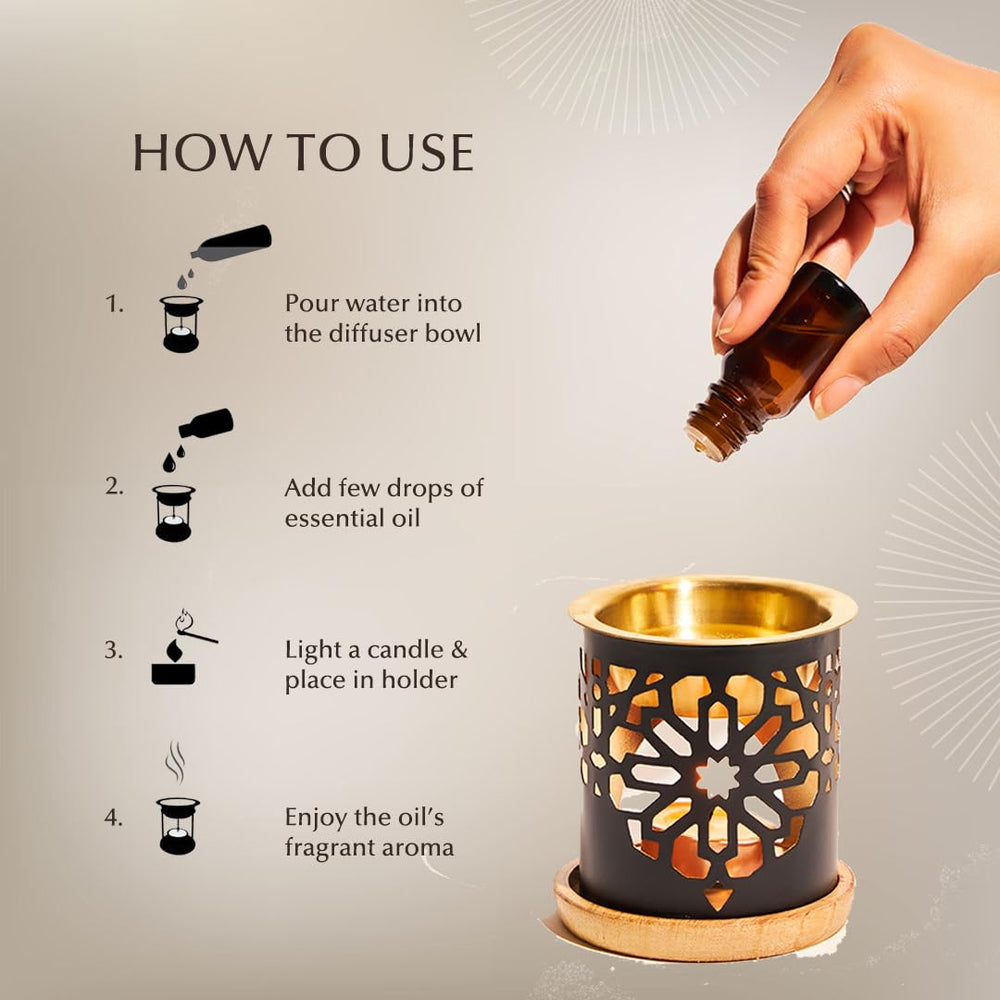 Dukhni oil burner on a wooden coaster for stable scent diffusion