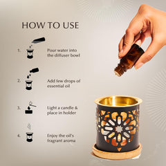 Dukhni oil burner on a wooden coaster for stable scent diffusion