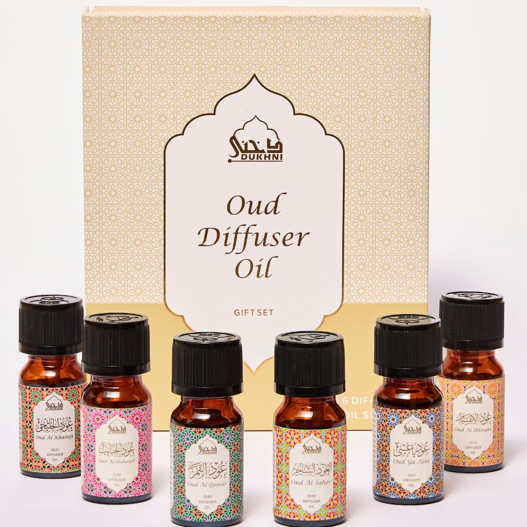 Dukhni Oud Diffuser Oil pack with six 10 ml bottles for home aromatherapy.
