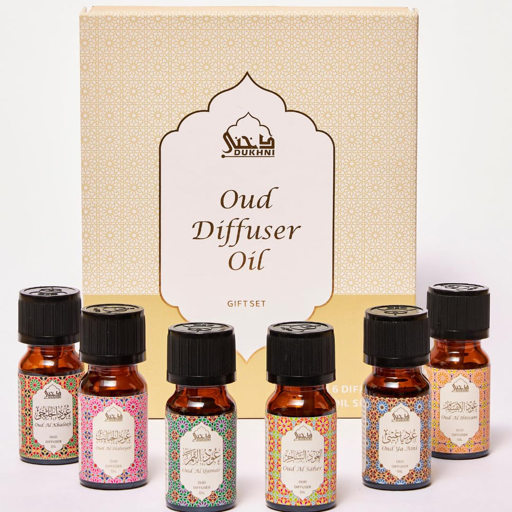 Dukhni Oud Diffuser Oil pack with six 10 ml bottles for home aromatherapy.