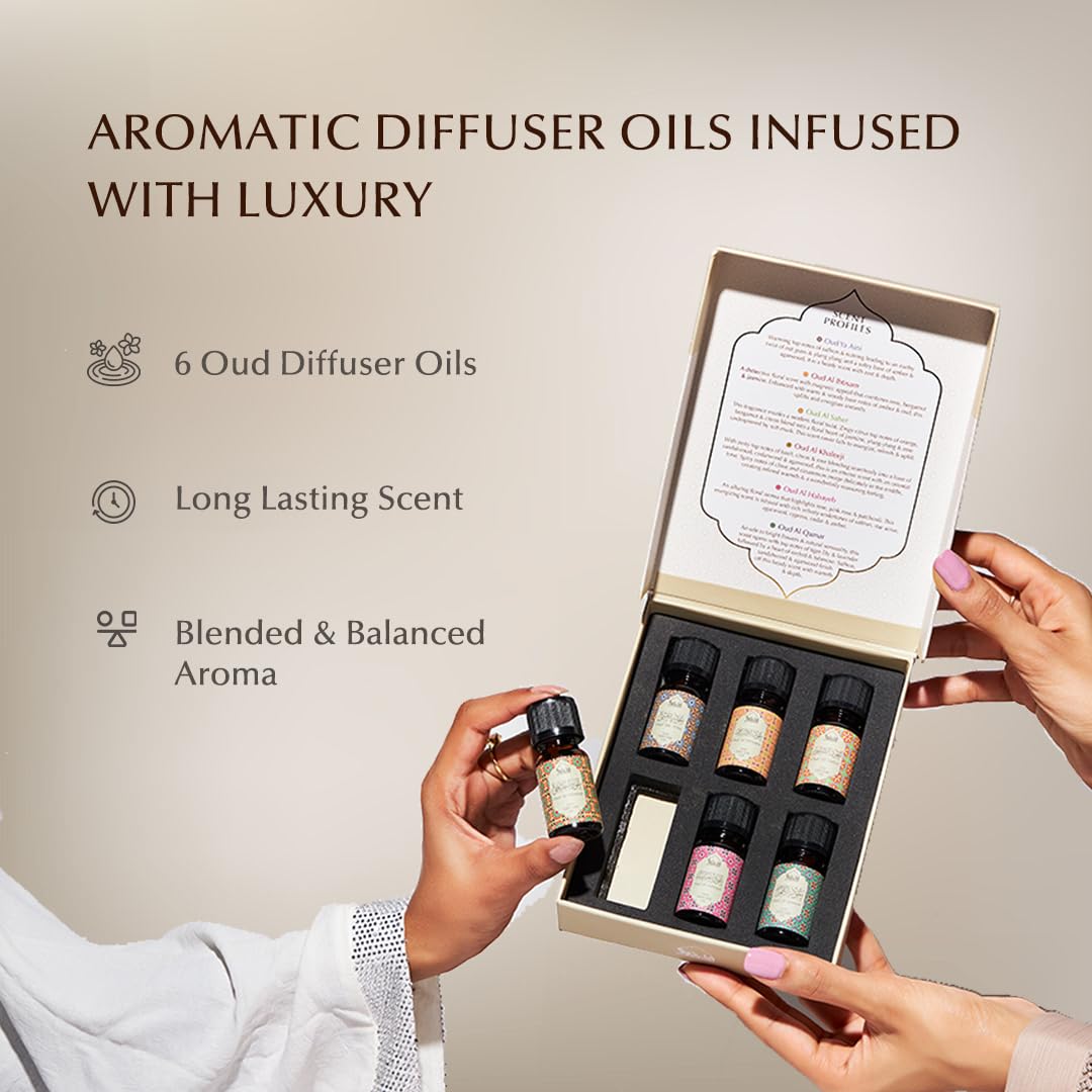 Dukhni Oud Diffuser Oil rose blend bottle highlighting floral notes for calming diffusion.