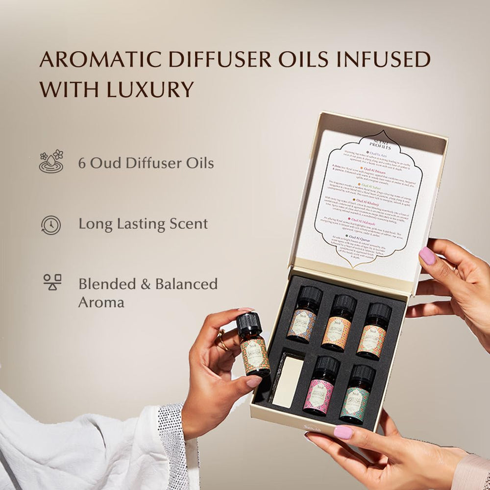 Dukhni Oud Diffuser Oil rose blend bottle highlighting floral notes for calming diffusion.