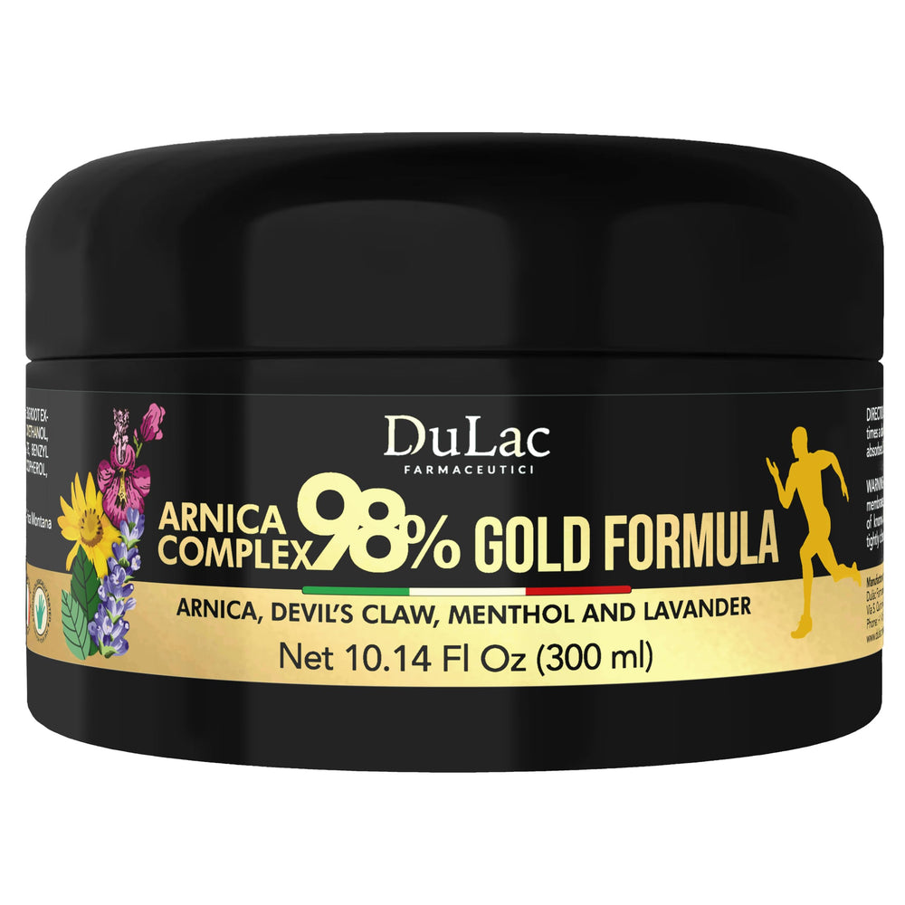 DULÀC Arnica Gel bottle with Gold Formula for soothing muscle massage