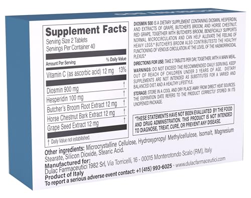 Dulàc Diosmin 500 bottle back with ingredients and usage details