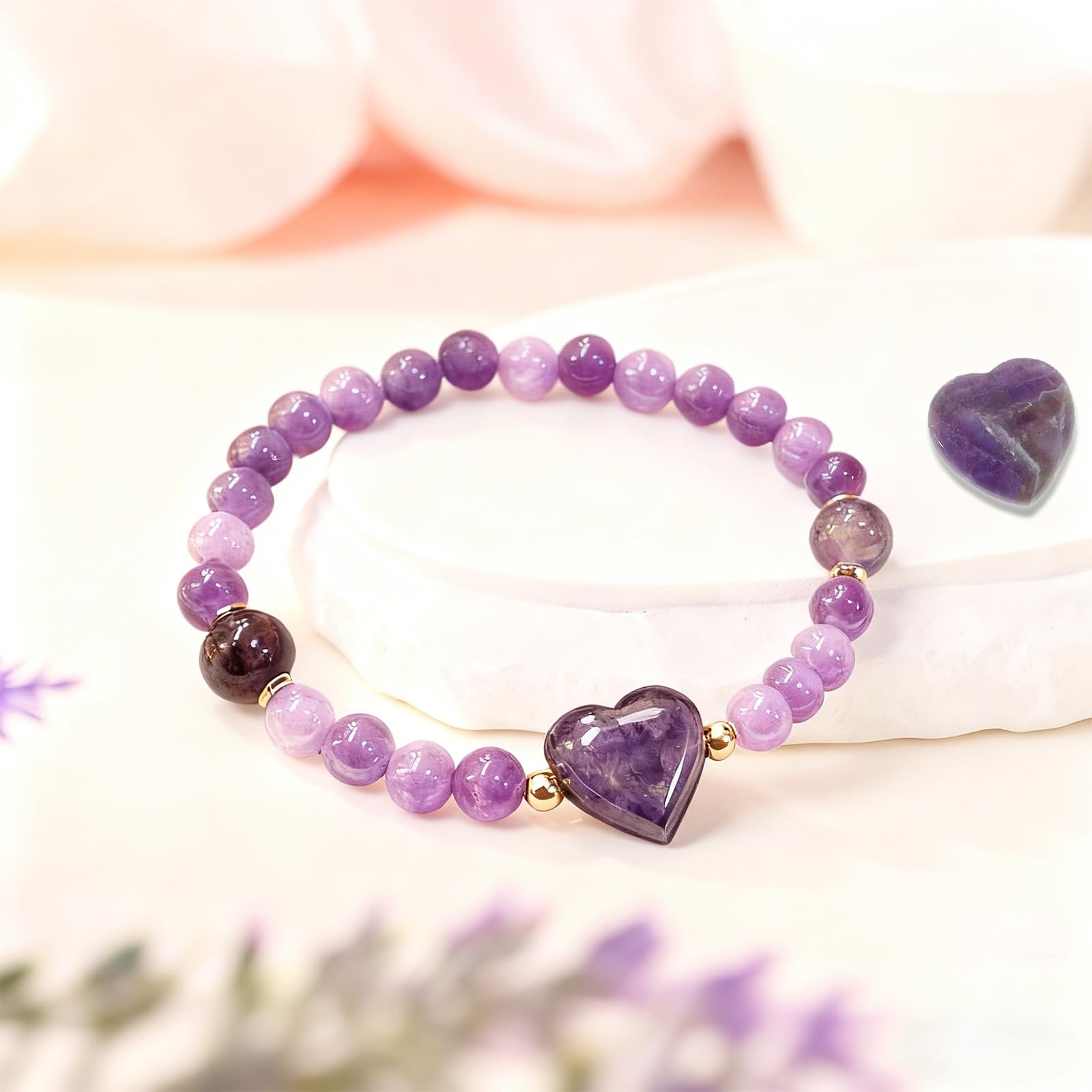 Dulovkpt amethyst heart bracelet with 8mm beads for deeper energy