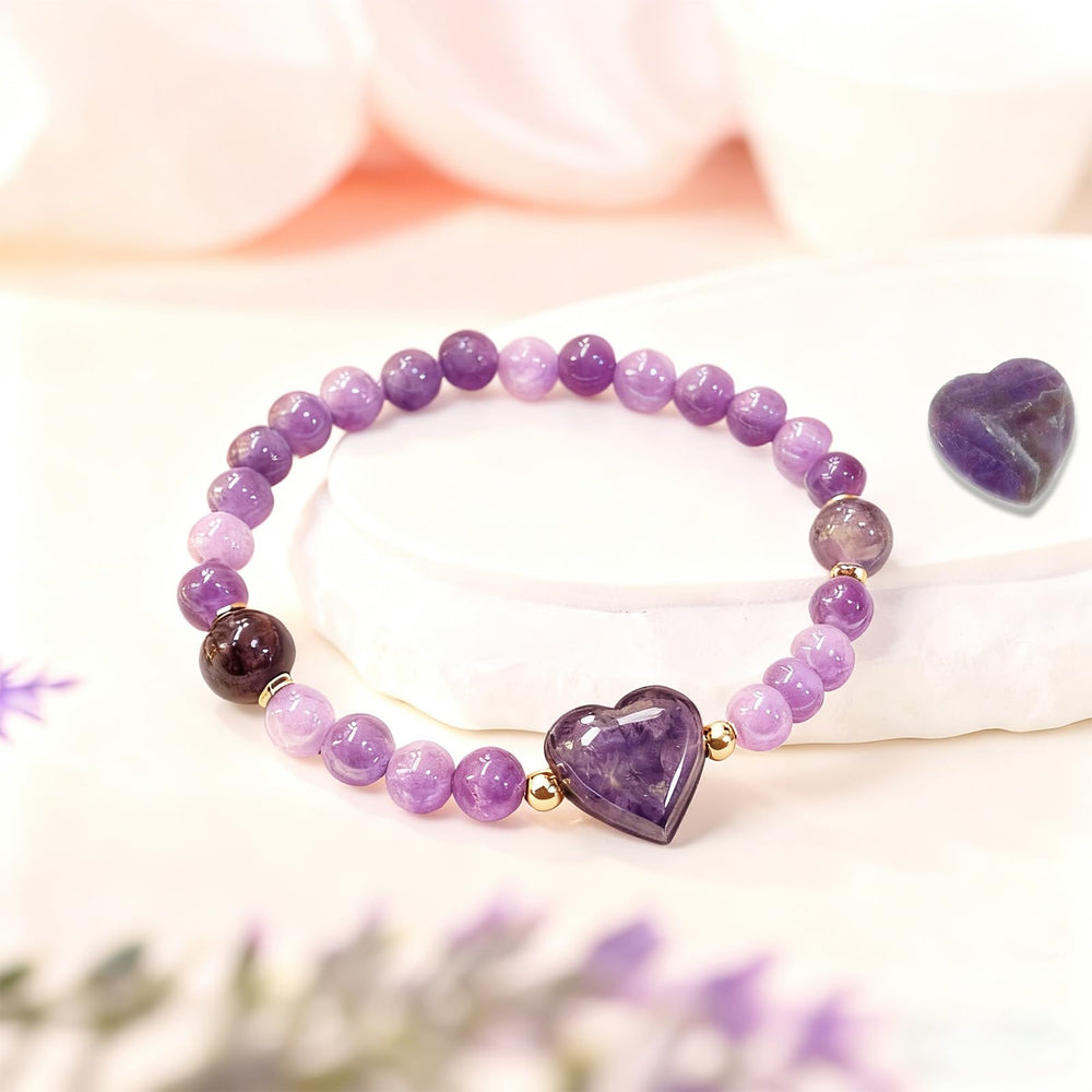 Dulovkpt amethyst heart bracelet with 8mm beads for deeper energy