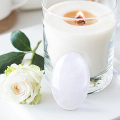 DUQGUHO clear quartz palm stone in gift box enhances mindful rituals.