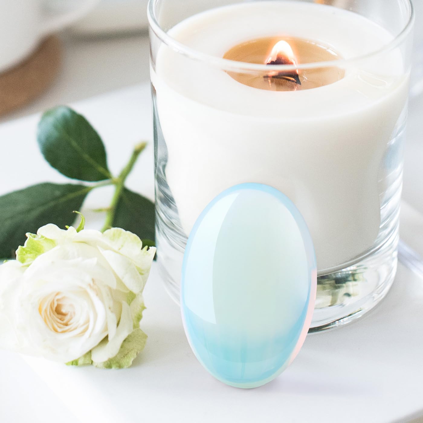 Close-up of DUQGUHO opalite shimmer ideal for mindful meditation.
