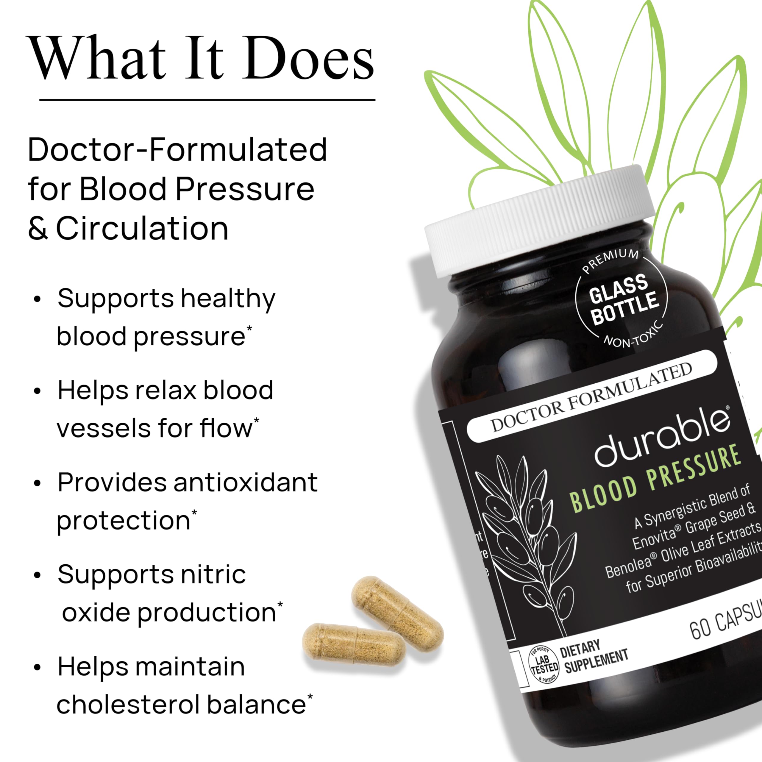 Durable Benolea olive leaf extract label emphasizing 1000 mg dose for vascular support.