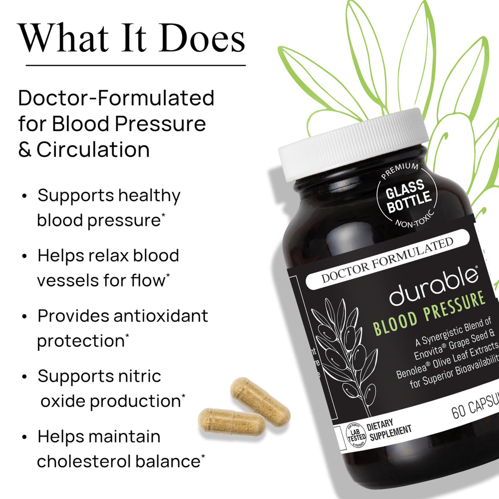 Durable Benolea olive leaf extract label emphasizing 1000 mg dose for vascular support.