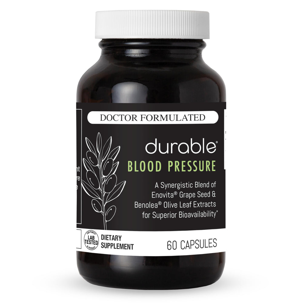 Durable Blood Pressure bottle front highlighting a doctor-formulated circulatory supplement.
