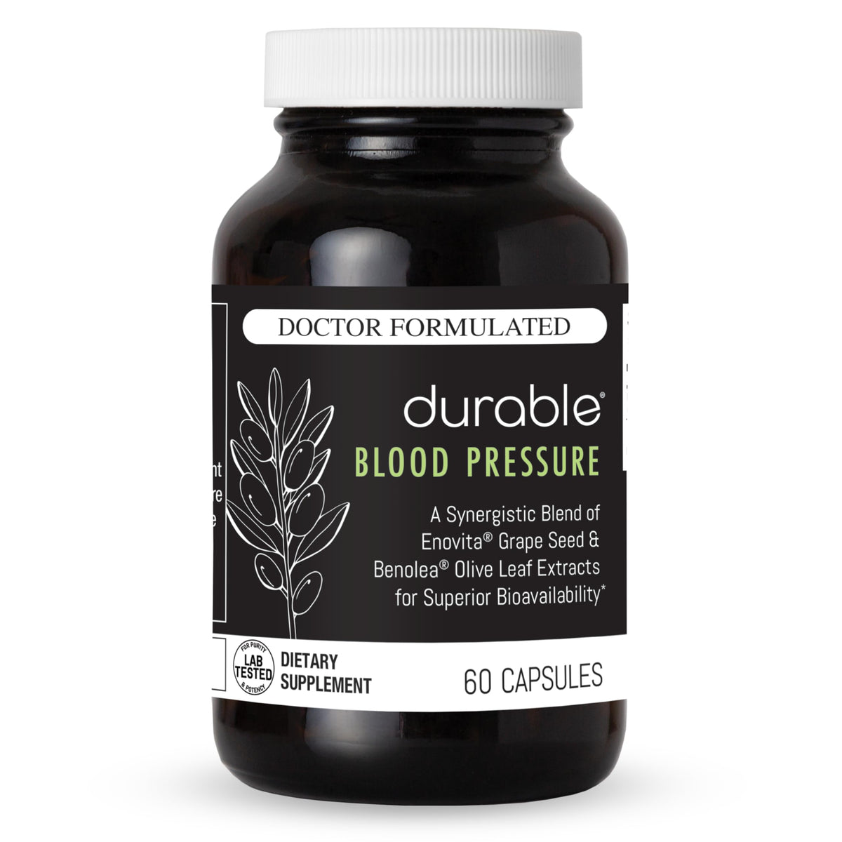 Durable Blood Pressure bottle front highlighting a doctor-formulated circulatory supplement.