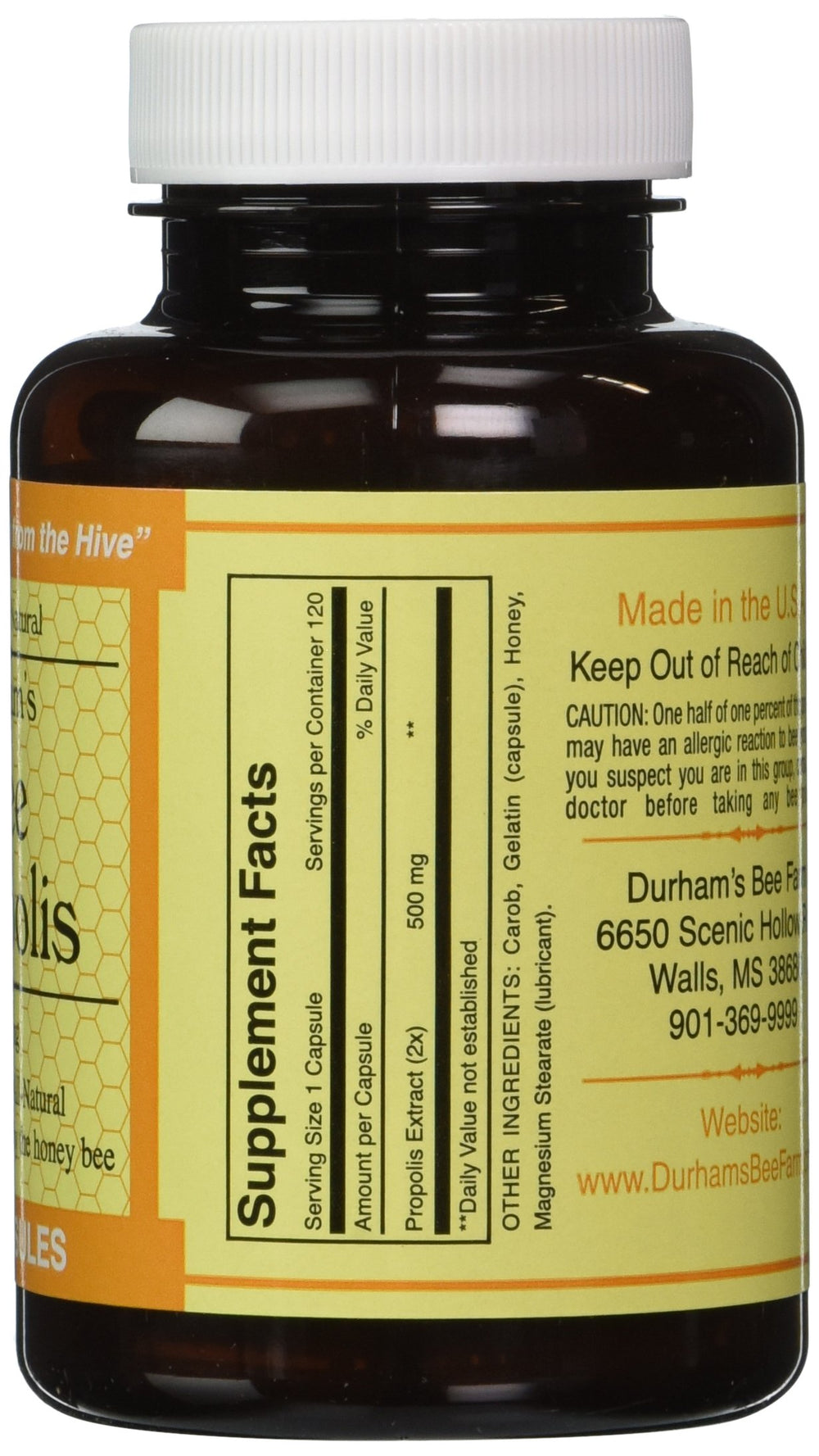 Durham's Bee Farm Propolis bottle label detail highlighting ingredients and dosage