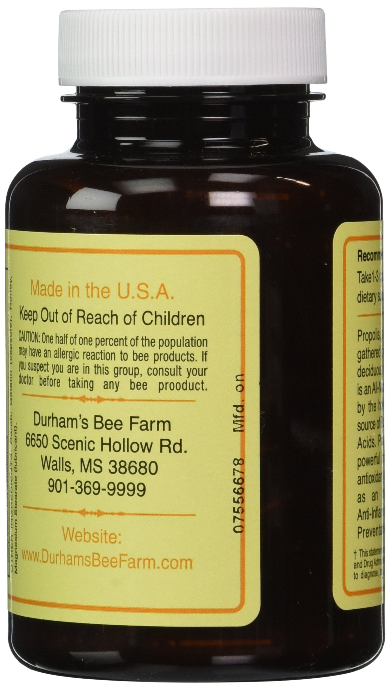 Durham's Bee Farm Propolis capsules visible, convenient daily supplement option