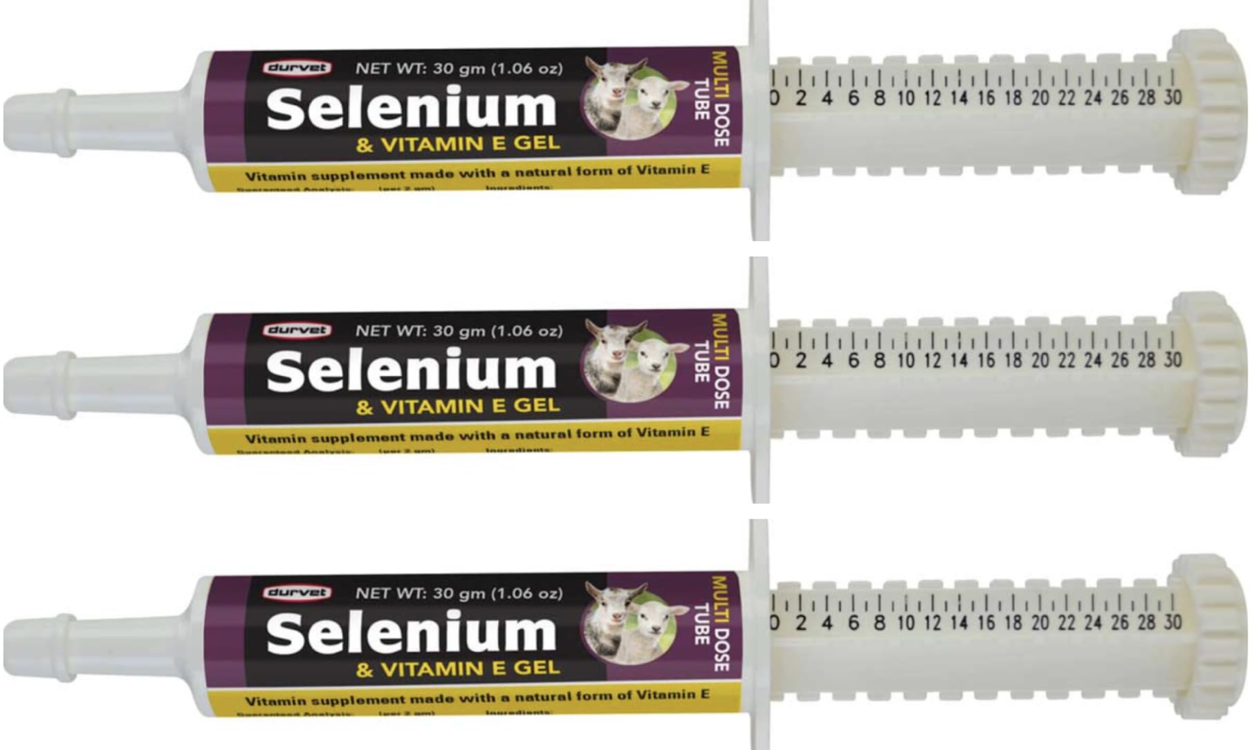 Durvet Selenium and Vitamin E Gel for goats, 2g dose supports immune function and growth.